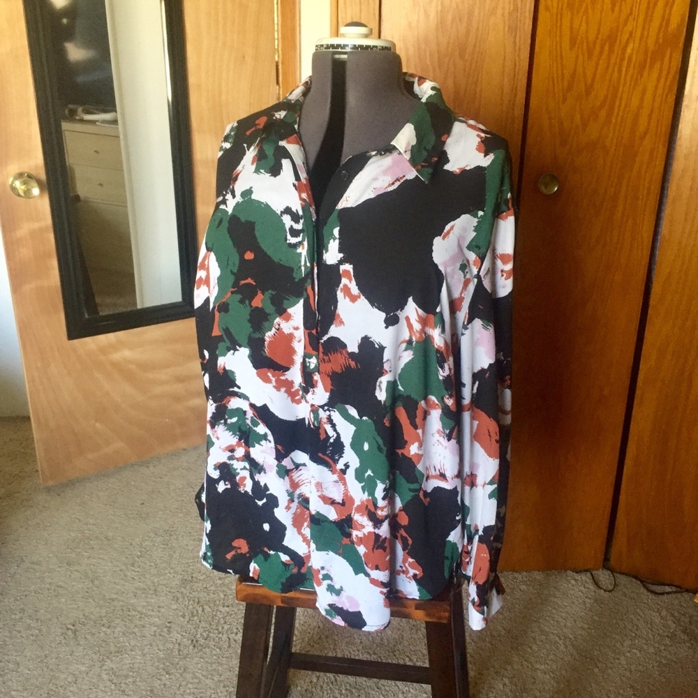 AVA & VIV Green/Pink/Brown Abstract Blouse Size 2X